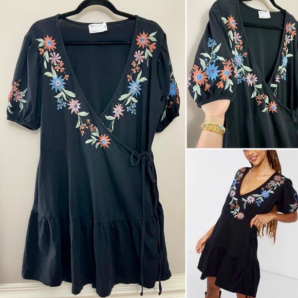 ASOS Dresses & Skirts - ASOS Black Embroidered 100% Cotton Mini Wrap Dress with Puff Sleeves Size 14